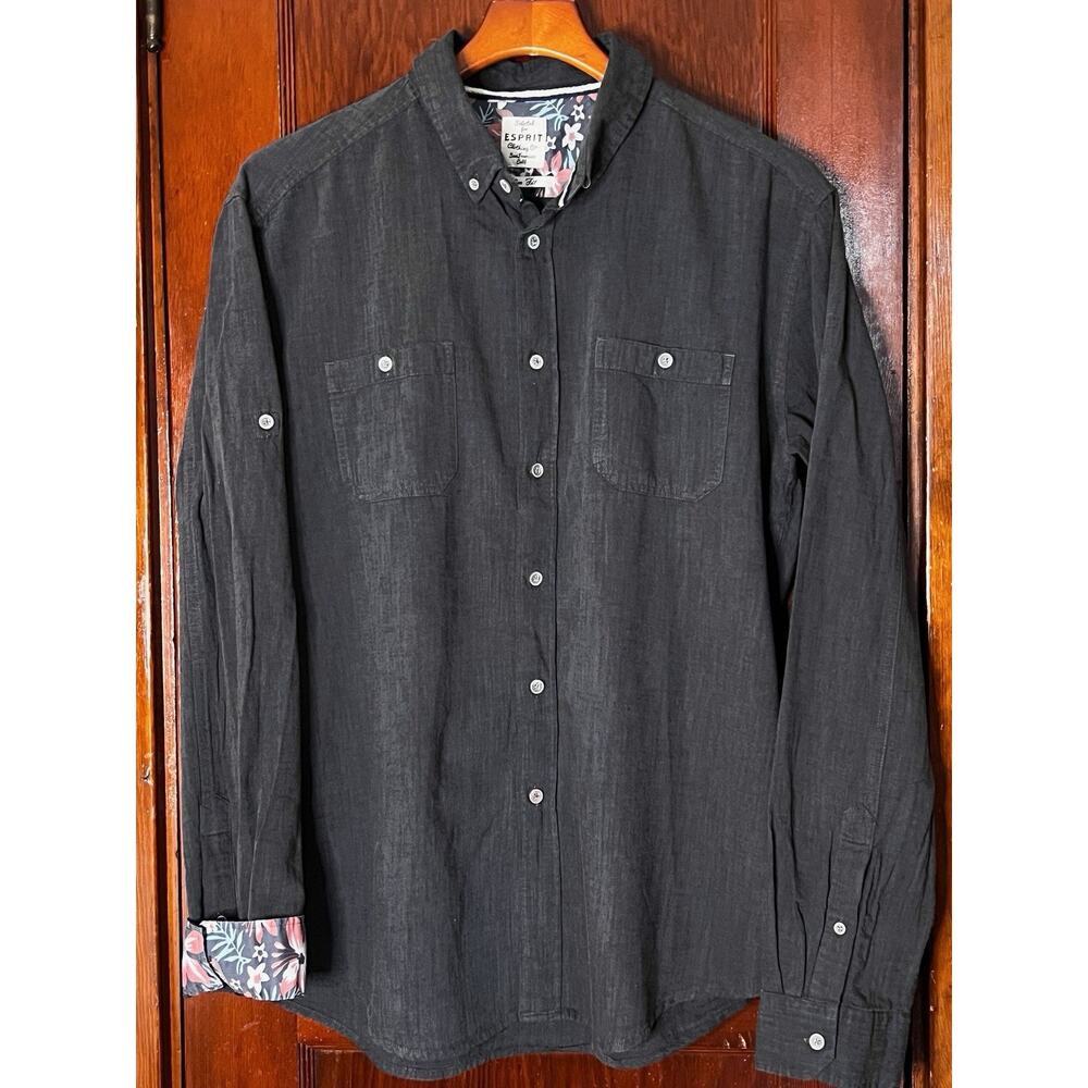 ESPRIT DK GRAY COTTON FLAX L/S SHIRT SLIM FIT FLORAL FLIP CUFFS XL